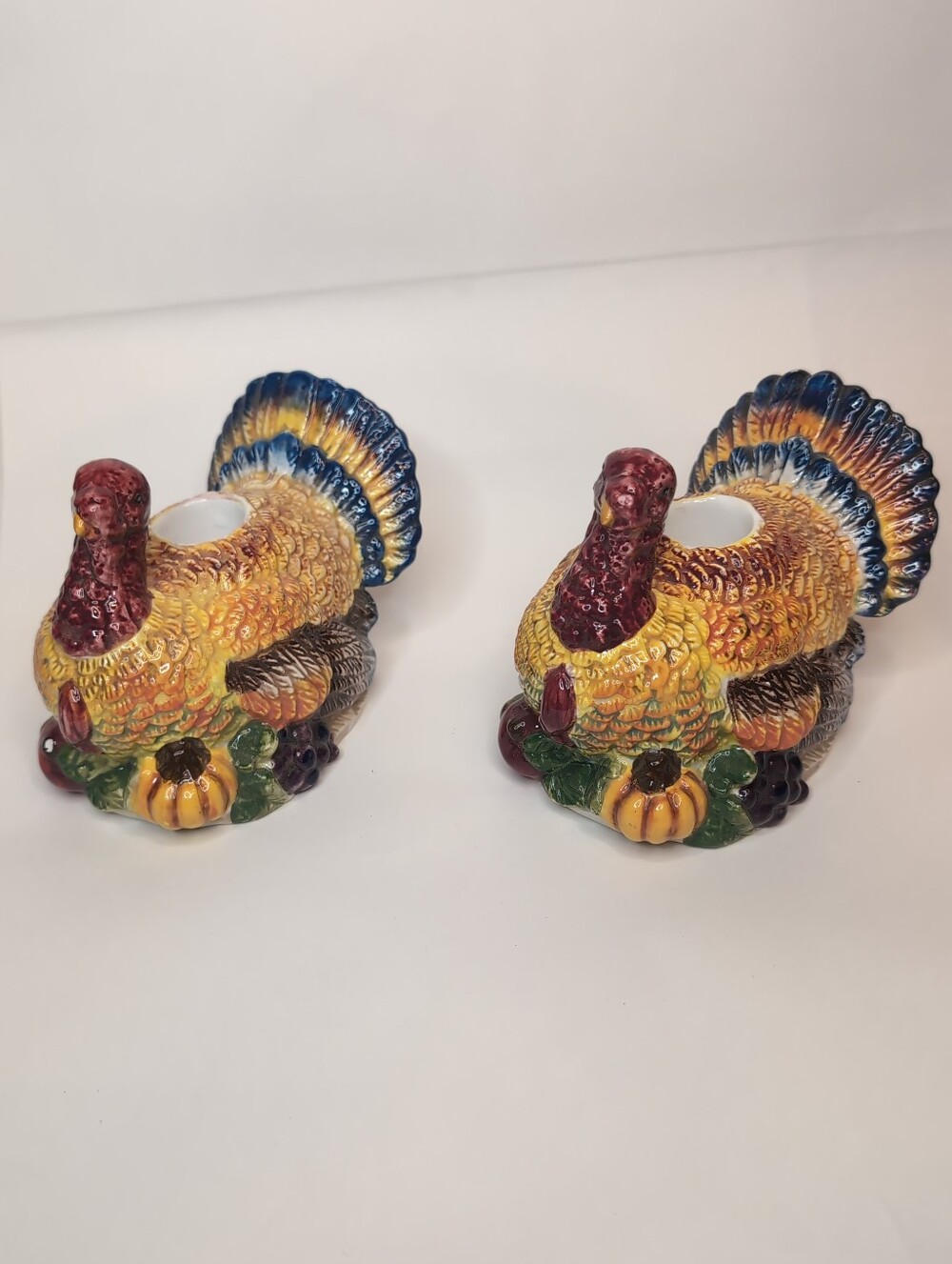 Vintage Ceramic Turkey Taper Candle Holders/ Hand-Painted Plumage +Harvest